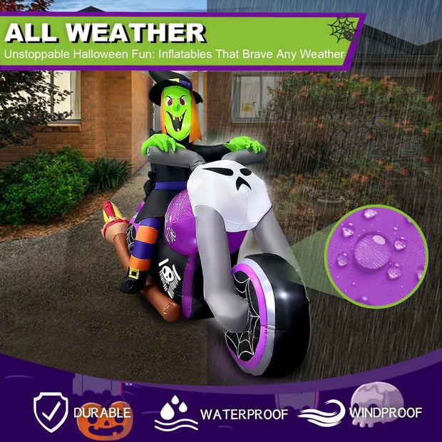 7FT Long Halloween Inflatable Witch On Motorcycle with Built-in LED