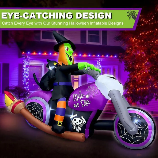 7FT Long Halloween Inflatable Witch On Motorcycle with Built-in LED