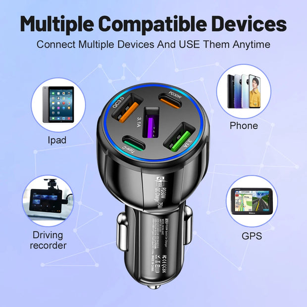 75W Car Charger 5 Port USB Type C Fast Charging