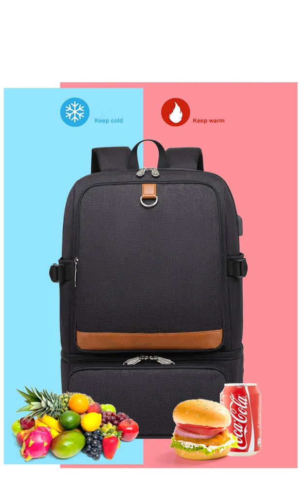 Black Waterproof Laptop Backpack w/ Thermal Insulated lunch Bag