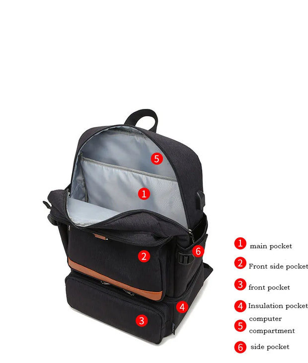 Black Waterproof Laptop Backpack w/ Thermal Insulated lunch Bag