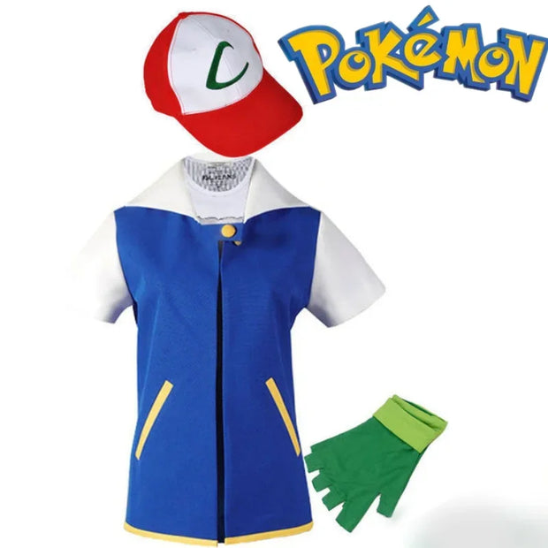 Anime Blue Jacket Pokemon Men Cosplay Costume Boys  Ash Ketchum For Halloween Party Trainer Gloves And Cap Sets Christmas Gift