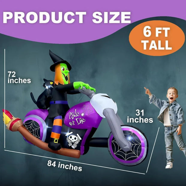 7FT Long Halloween Inflatable Witch On Motorcycle with Built-in LED