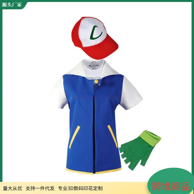 Anime Blue Jacket Pokemon Men Cosplay Costume Boys  Ash Ketchum For Halloween Party Trainer Gloves And Cap Sets Christmas Gift