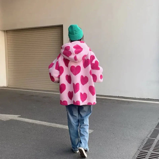 Harajuku Heart Print Plush Jacket