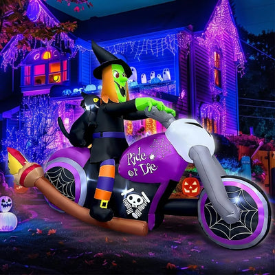 7FT Long Halloween Inflatable Witch On Motorcycle with Built-in LED