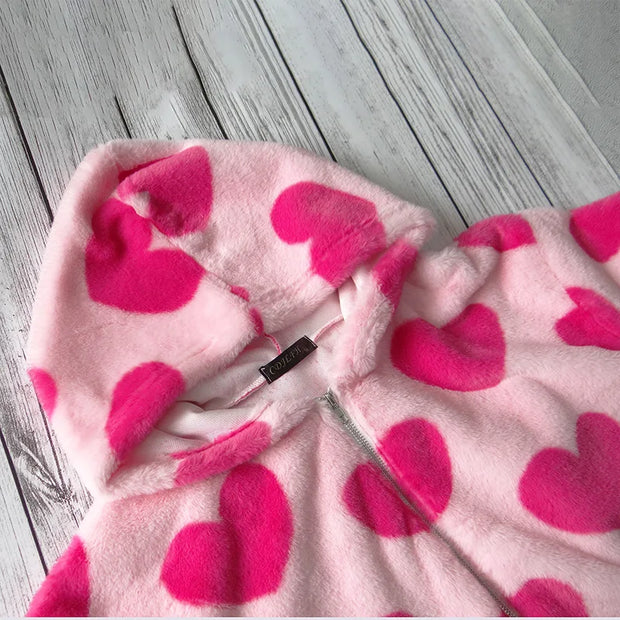 Harajuku Heart Print Plush Jacket