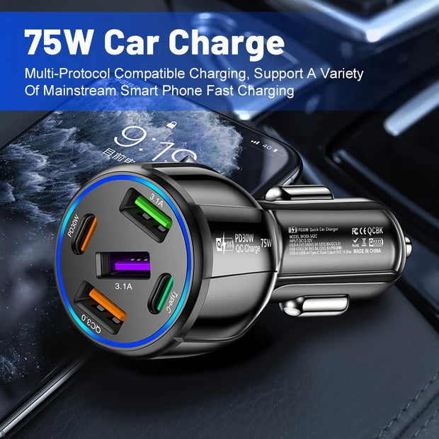 75W Car Charger 5 Port USB Type C Fast Charging