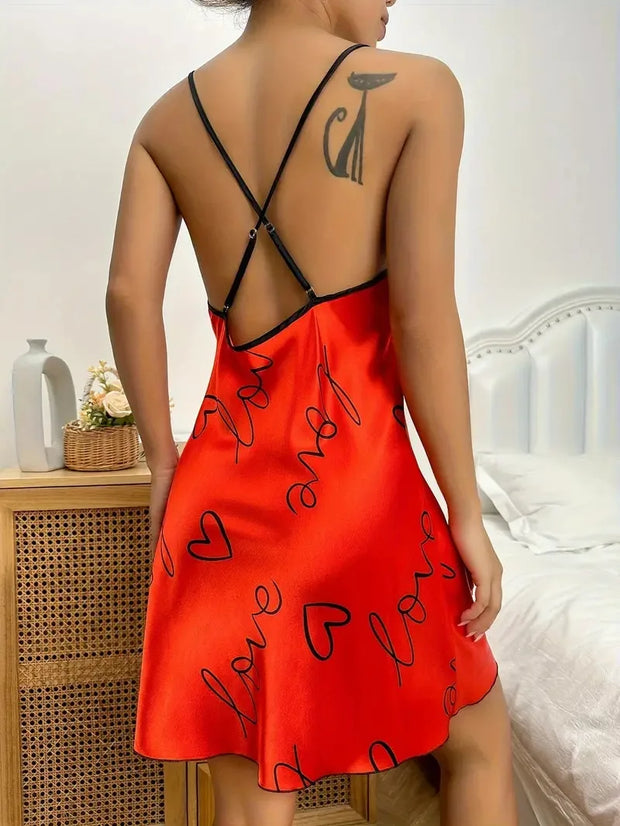 Heart Letter Printed Satin Sleepwear Lingerie