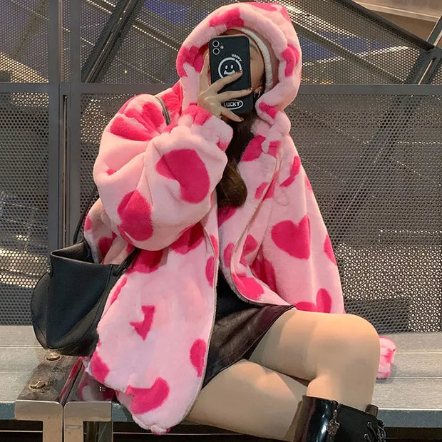 Harajuku Heart Print Plush Jacket