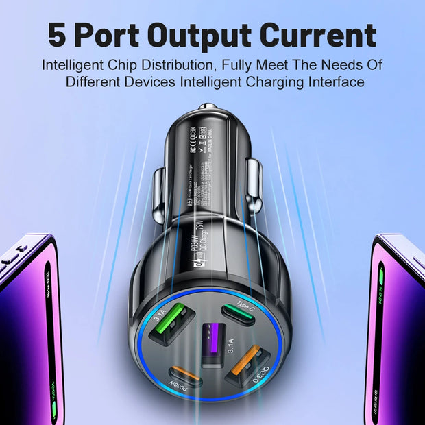 75W Car Charger 5 Port USB Type C Fast Charging