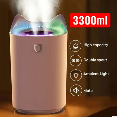 3.3L Large Capacity Double Nozzle LED Light Humidifier Essential Oil Diffuser