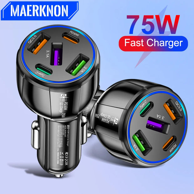 75W Car Charger 5 Port USB Type C Fast Charging