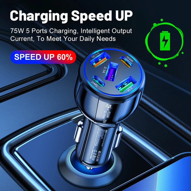 75W Car Charger 5 Port USB Type C Fast Charging