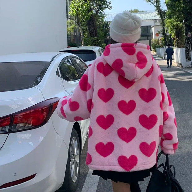 Harajuku Heart Print Plush Jacket