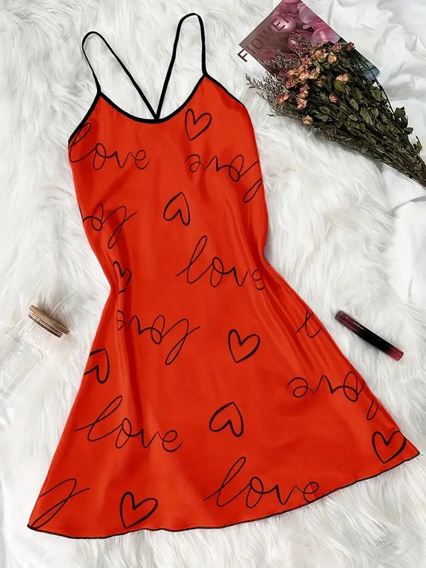 Heart Letter Printed Satin Sleepwear Lingerie