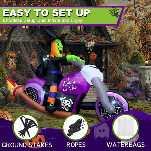 7FT Long Halloween Inflatable Witch On Motorcycle with Built-in LED